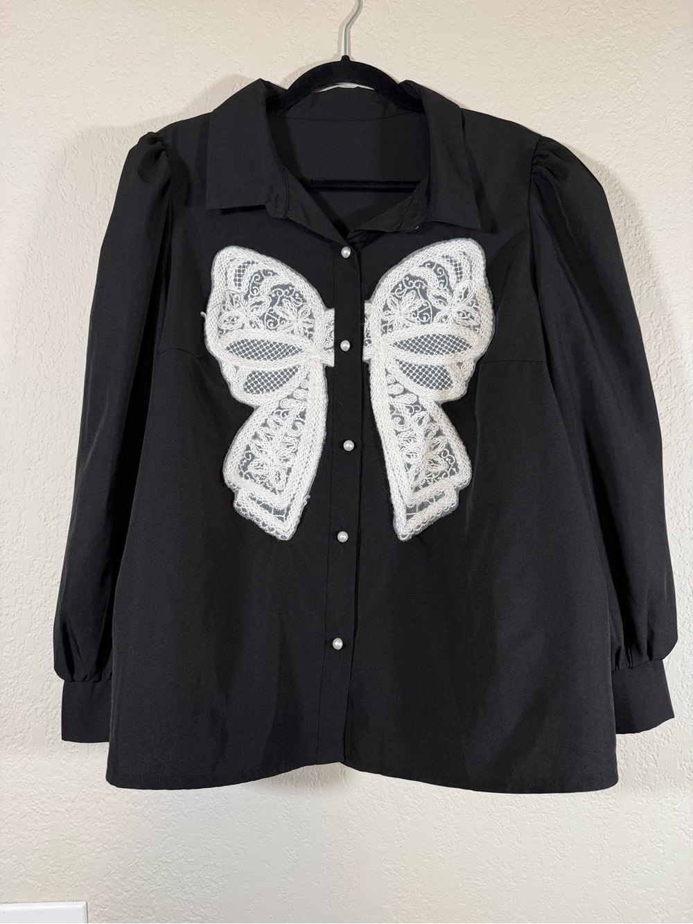 Black Button Down Front Blouse Top White Lace Bow Women's 2XL